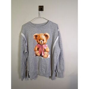 Goodie Two Sleeves Womens Sweatshirt Teddy Bear Graphic Heather Gray Size L